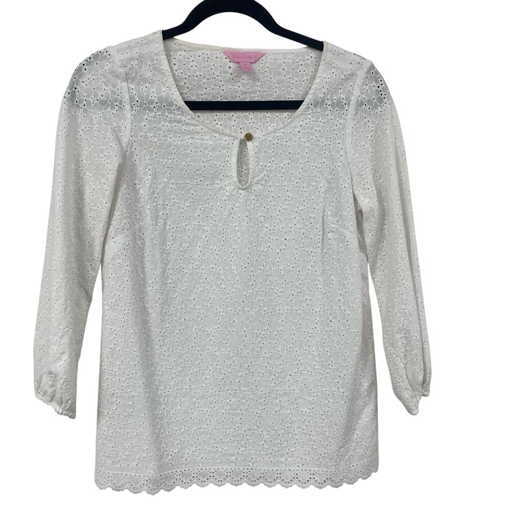Lilly Pulitzer 3/4 Sleeve Cotton Button Front Keyhole White Eyelet Top Womens XS